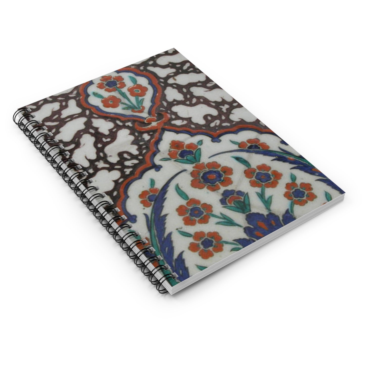 Tile with Floral Cartouche Design on Ebru (Marble Imitation Pattern) Background Spiral Bound Ruled Notebook with Printed Cover