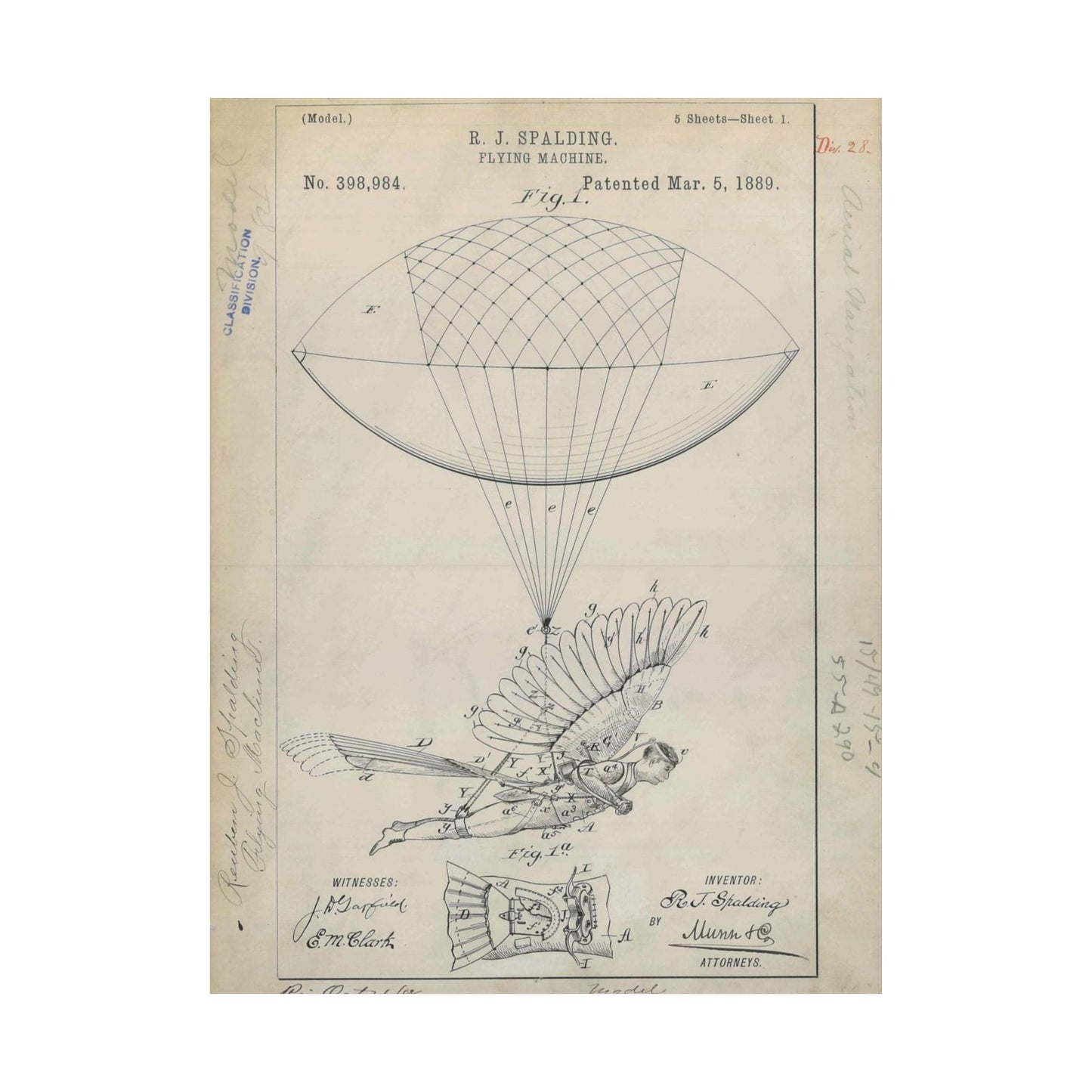 Patent drawing - for R. J. Spalding's Flying Machine Public domain  image High Quality Matte Wall Art Poster for Home, Office, Classroom