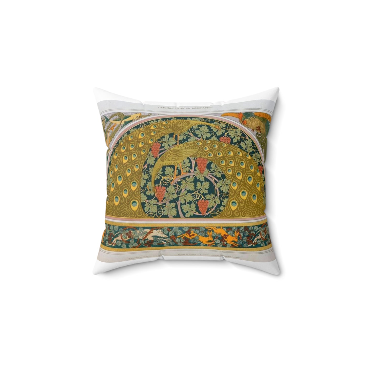 Poissons et algues, coq, écoinçon; paons et vigne; lièvres, chiens et ronces, bordure Decorative Accent Square Pillow