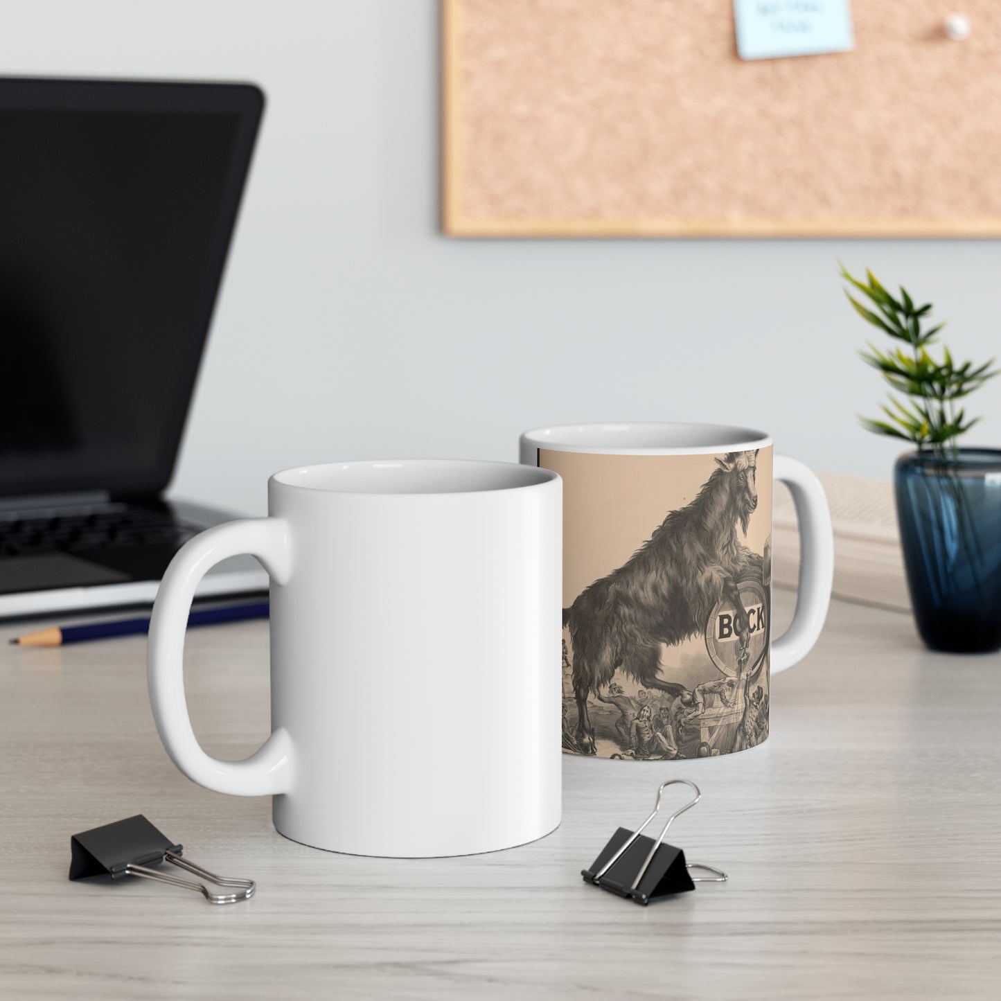 Giant bock goat resting on a keg, holding a mug of beer, men under the goat scrambling Beautiful Novelty Ceramic Coffee Mug 11oz