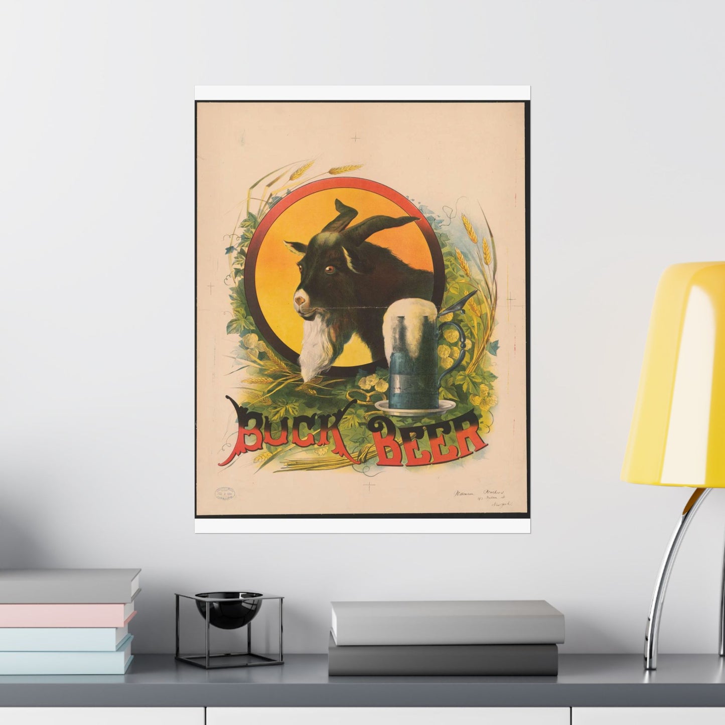 Bock Beer, the head of a goat inside an oval, with a stein of beer sitting on a bed of hops, underneath the oval High Quality Matte Wall Art Poster for Home, Office, Classroom