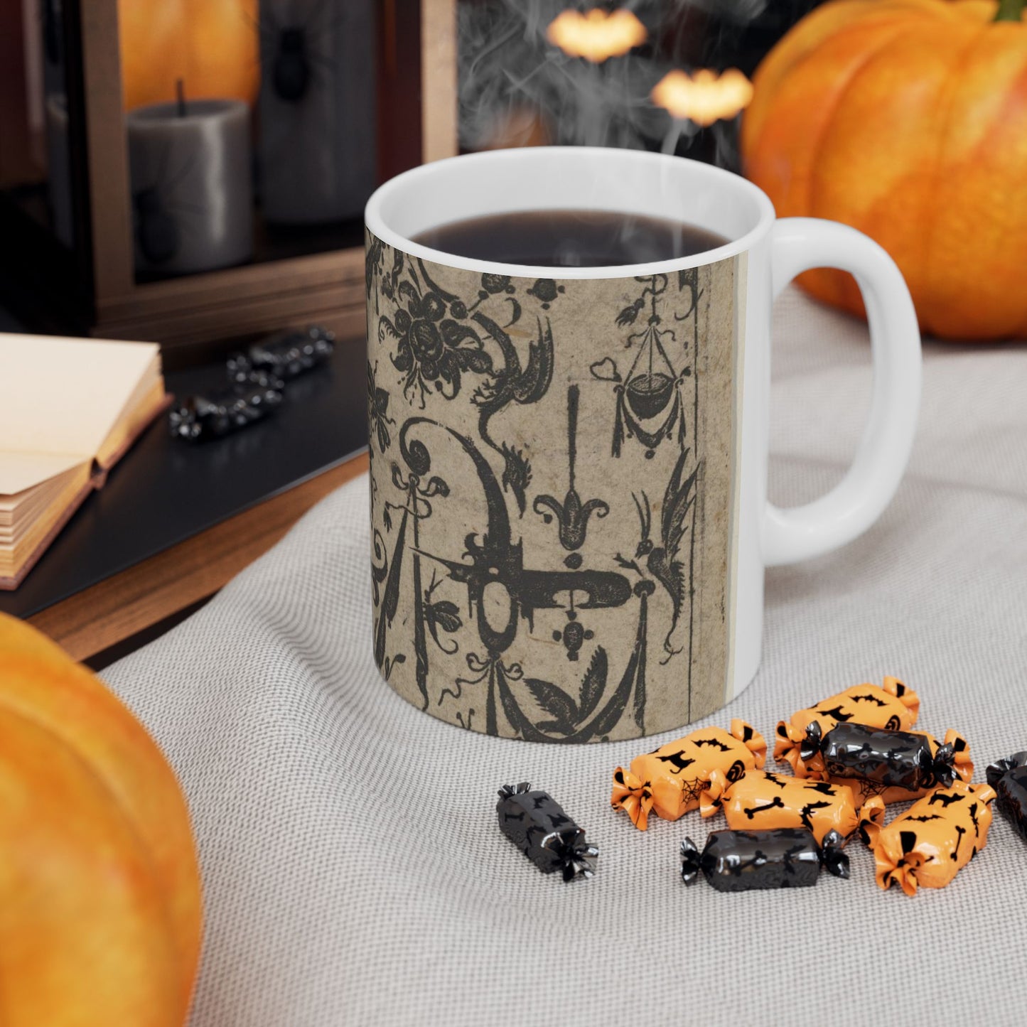 Blackwork Print with a Trophy at Center Surrounded by Grotesques and Swag Drapery Beautiful Novelty Ceramic Coffee Mug 11oz