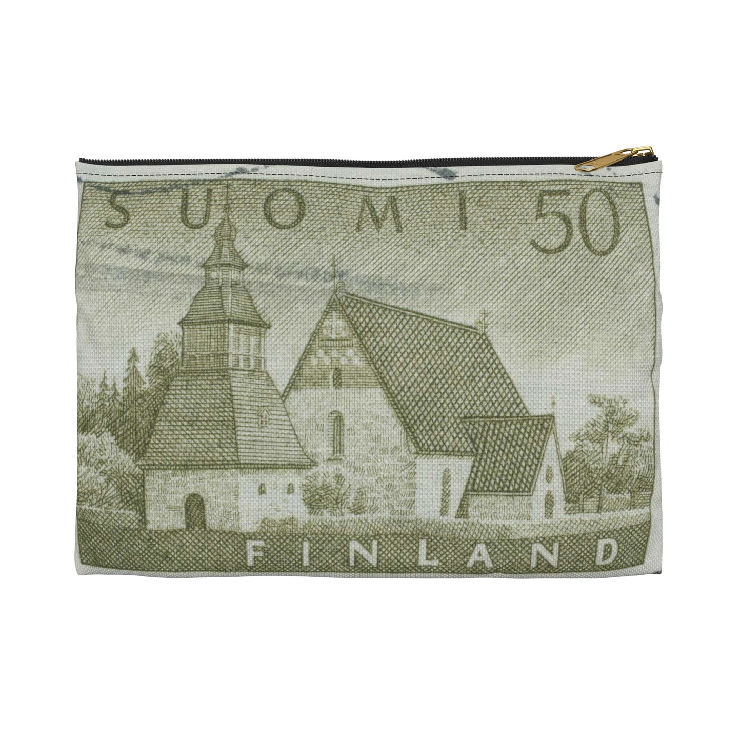 Frimärke ur Gösta Bodmans filatelistiska motivsamling, påbörjad 1950.Frimärke från Finland, 1957. Motiv av Lammi Kyrka med stigport och klockstapel. Large Organizer Pouch with Black Zipper