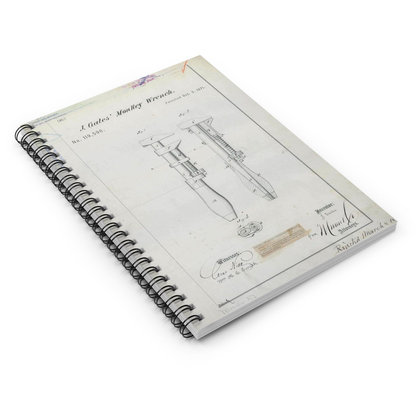 Patent Drawing of Engine - for J. Gates' Monkey Wrench Public domain  image Spiral Bound Ruled Notebook with Printed Cover