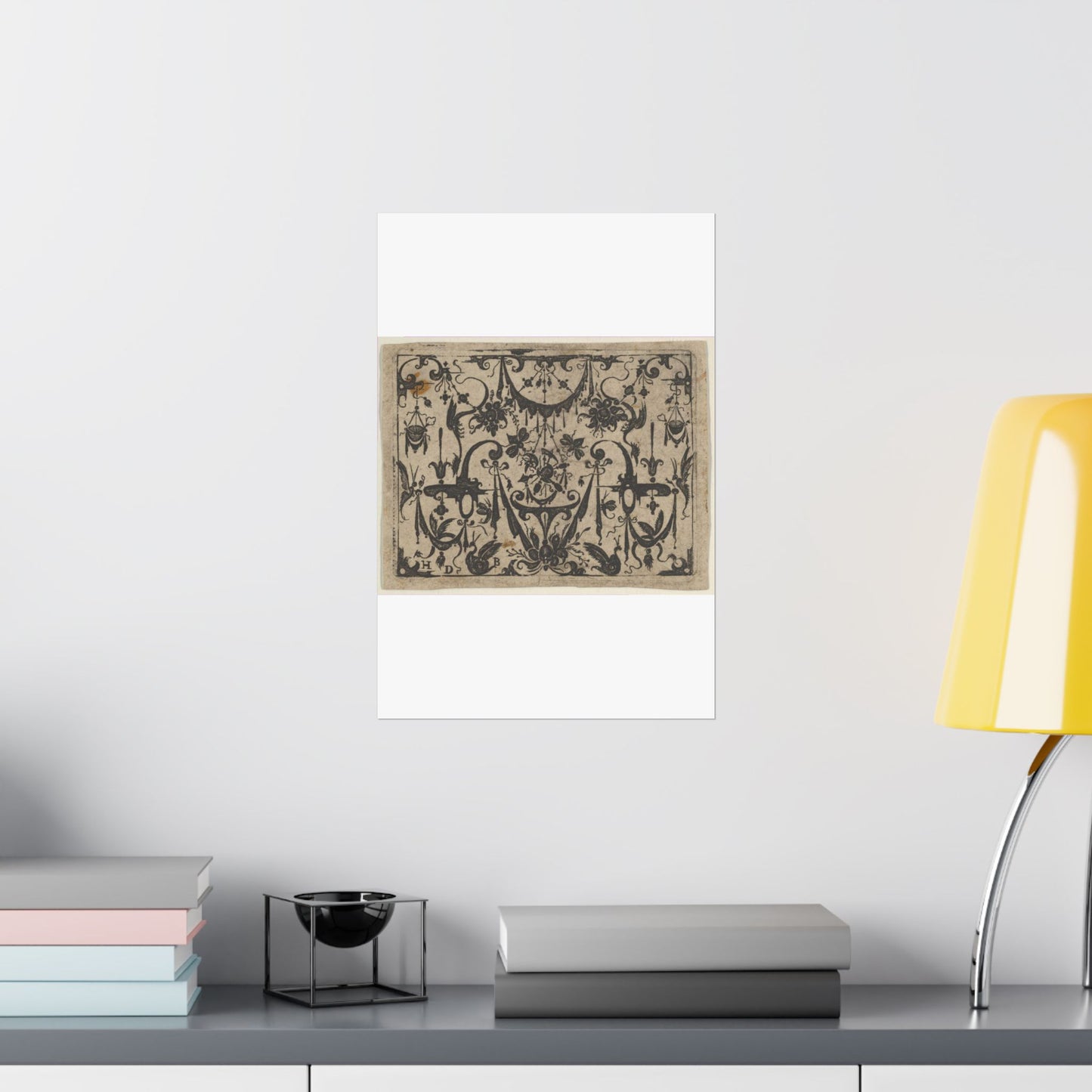 Blackwork Print with a Trophy at Center Surrounded by Grotesques and Swag Drapery High Quality Matte Wall Art Poster for Home, Office, Classroom