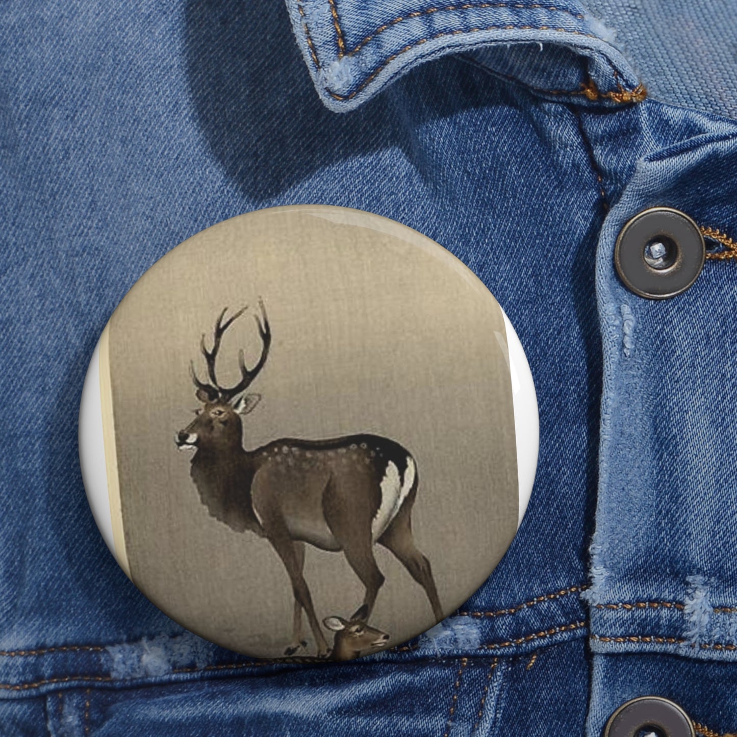 Koson - stag-and-recumbent-doe, Ohara Koson Pin Buttons with Crisp Design