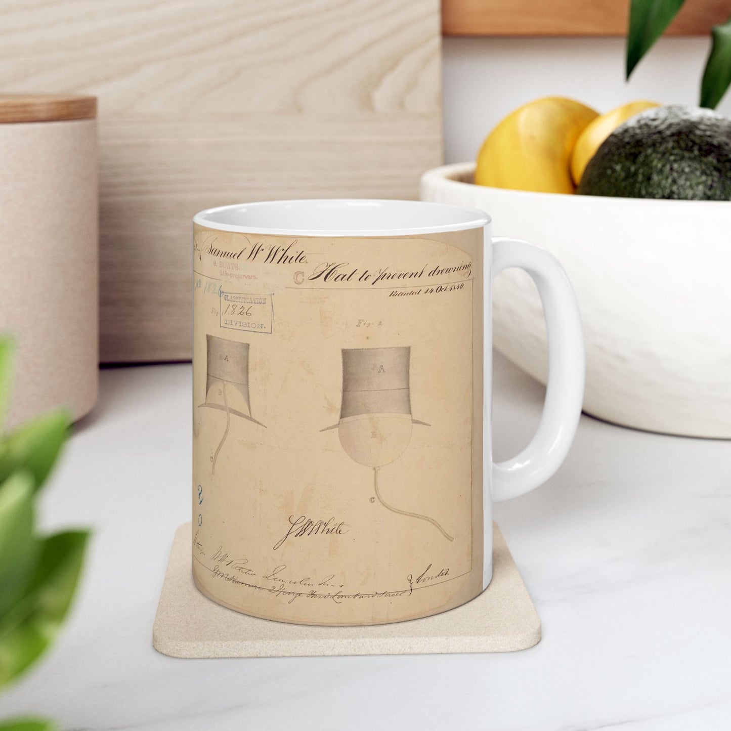 Patent drawing - Drawing of Hat to Prevent Drowning Public domain  image Beautiful Novelty Ceramic Coffee Mug 11oz