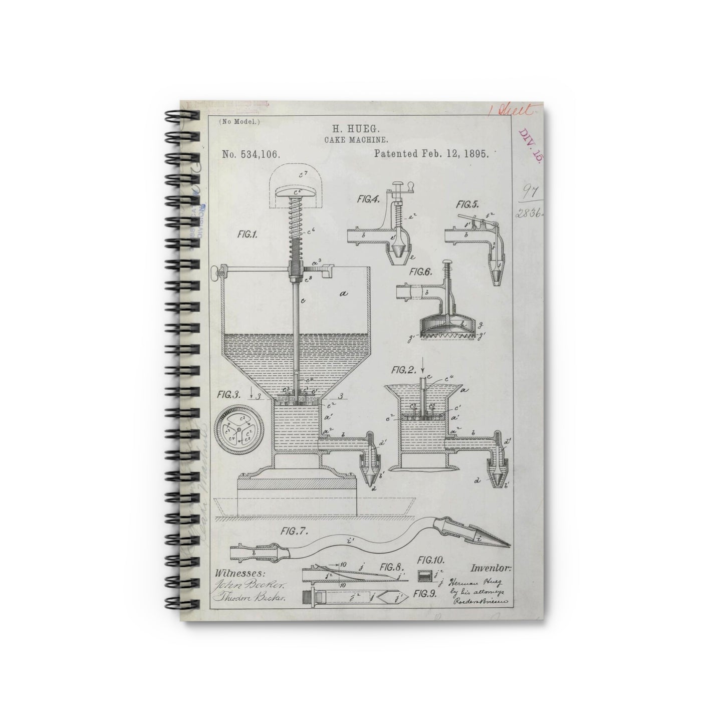 Patent Drawing of Engine - for H. Hueg's Cake Machine Public domain  image Spiral Bound Ruled Notebook with Printed Cover