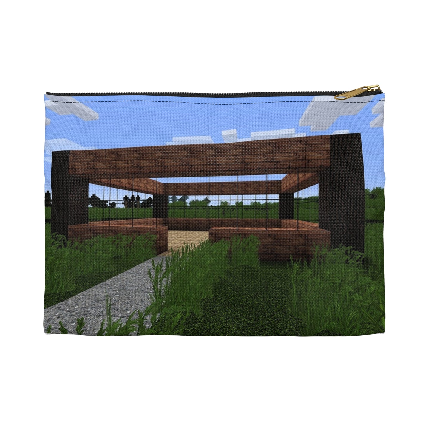 A bench in the middle of a field. Minecraft video game sky. Large Organizer Pouch with Black Zipper