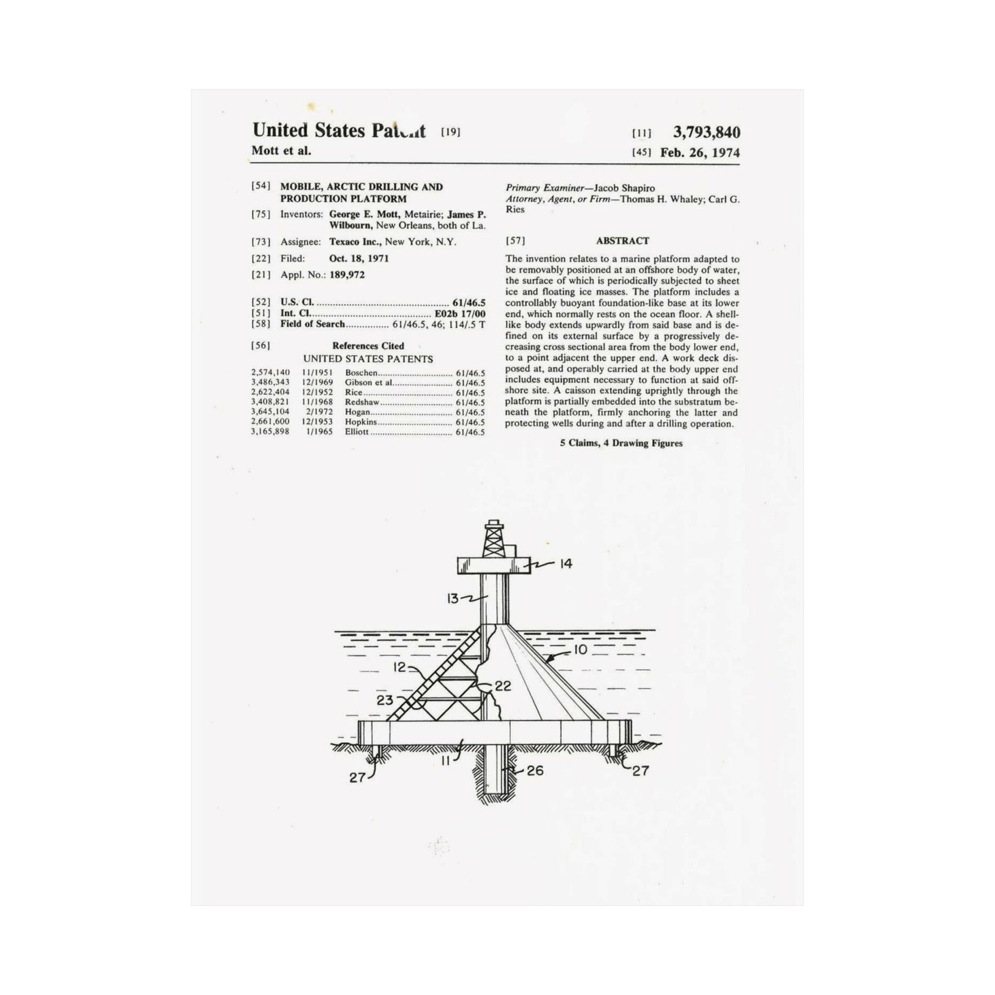 Patent Case File No. 3,793,840, Mobile Arctic Drilling and Production Platform, Inventor(s)- George E. Mott and James P. Wilbourn. - DPLA - 8f260bf2cd8926afbf4da017454f39b3 (page 6) High Quality Matte Wall Art Poster for Home, Office, Classroom