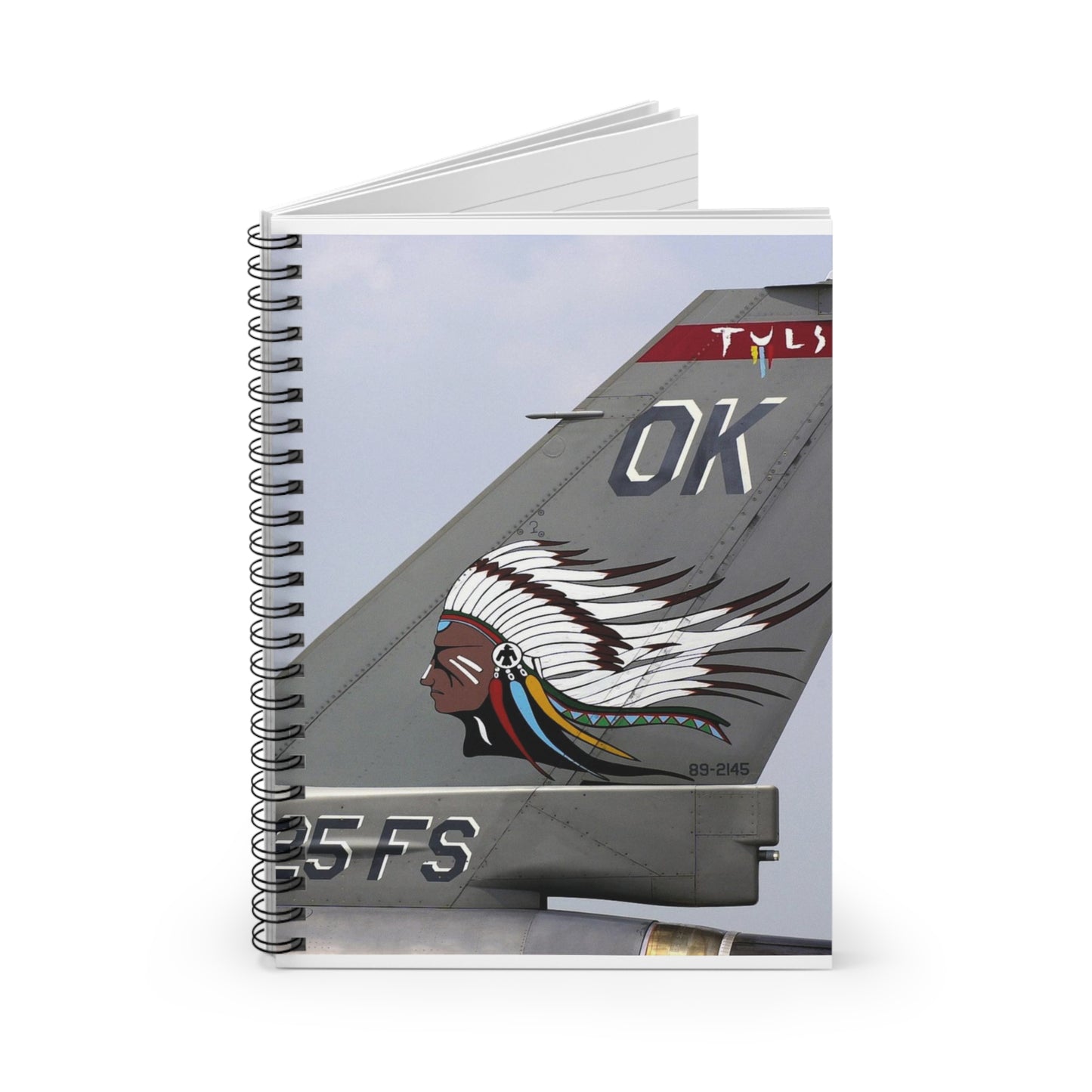 The tail flash of a F-16 Fighting Falcon aircraft from the 125th Fighter Squadron (FS), 138th Fighter Wing (FW), Oklahoma (OK), Air National Guard (ANG) Spiral Bound Ruled Notebook with Printed Cover