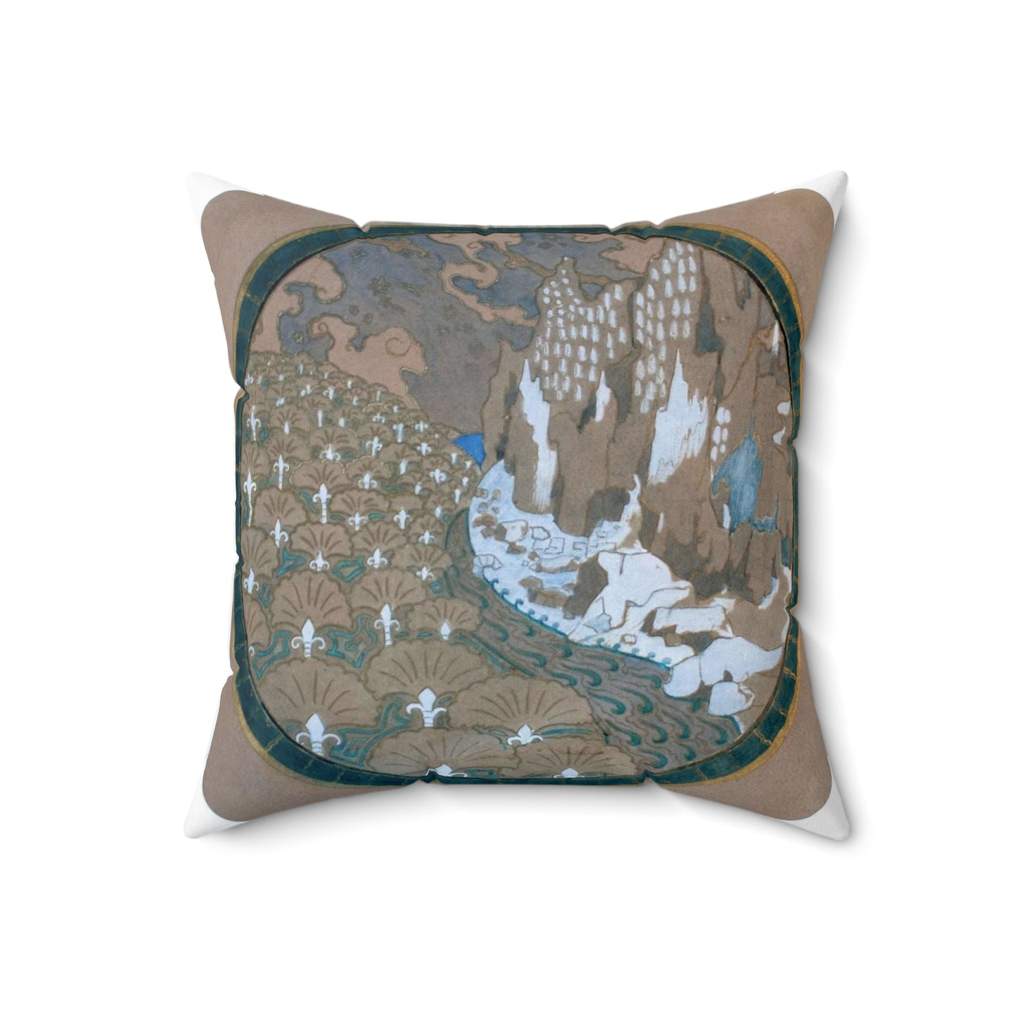 EliseuVisconti-A838-Paisagem rochosa estilizada – Email cloisonné – Estudo para Marchetaria Decorative Accent Square Pillow