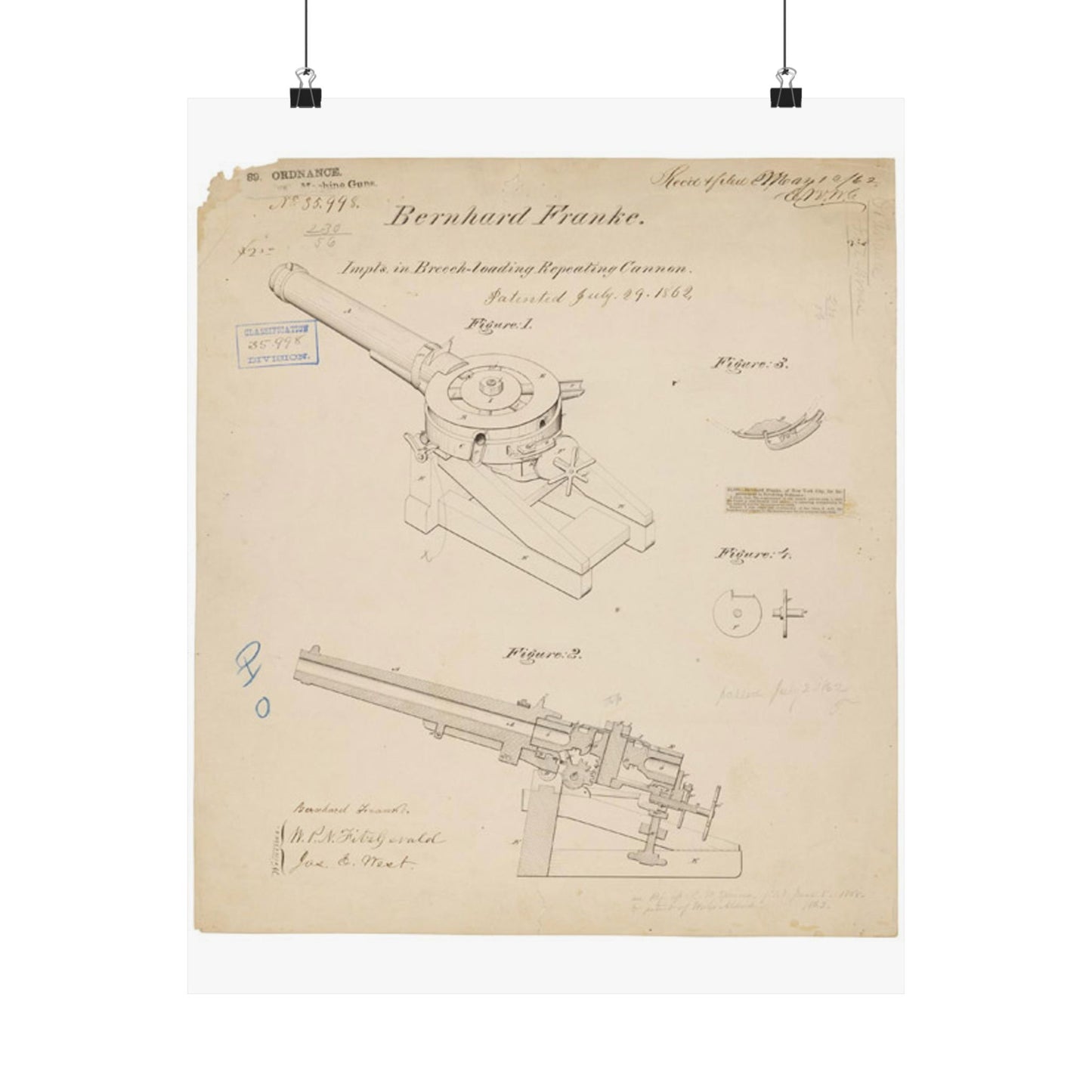 Patent drawing - Drawing of Improvements in Breech-Loading Repeating Cannon Public domain  image High Quality Matte Wall Art Poster for Home, Office, Classroom