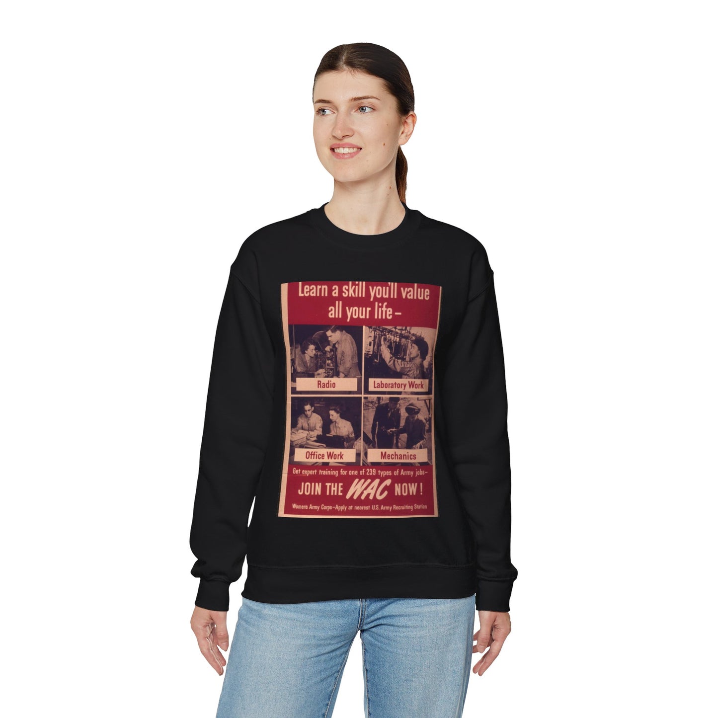 "Learn a skill you'll value all your life. Join the WAC now" - NARA - 514845 Black Heavy Blend Adult Crew Neck SweatShirt