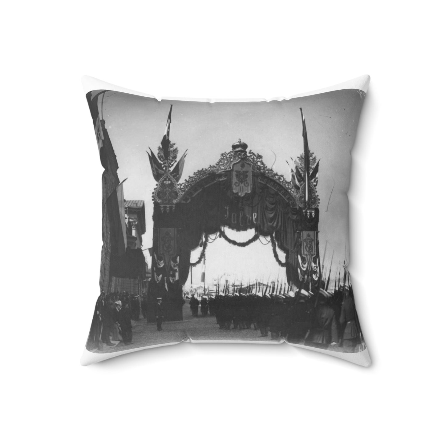 Triumphal gate built for a Visit of the Italian King Victor Emmanuel III to Russia, 1902. Decorative Accent Square Pillow