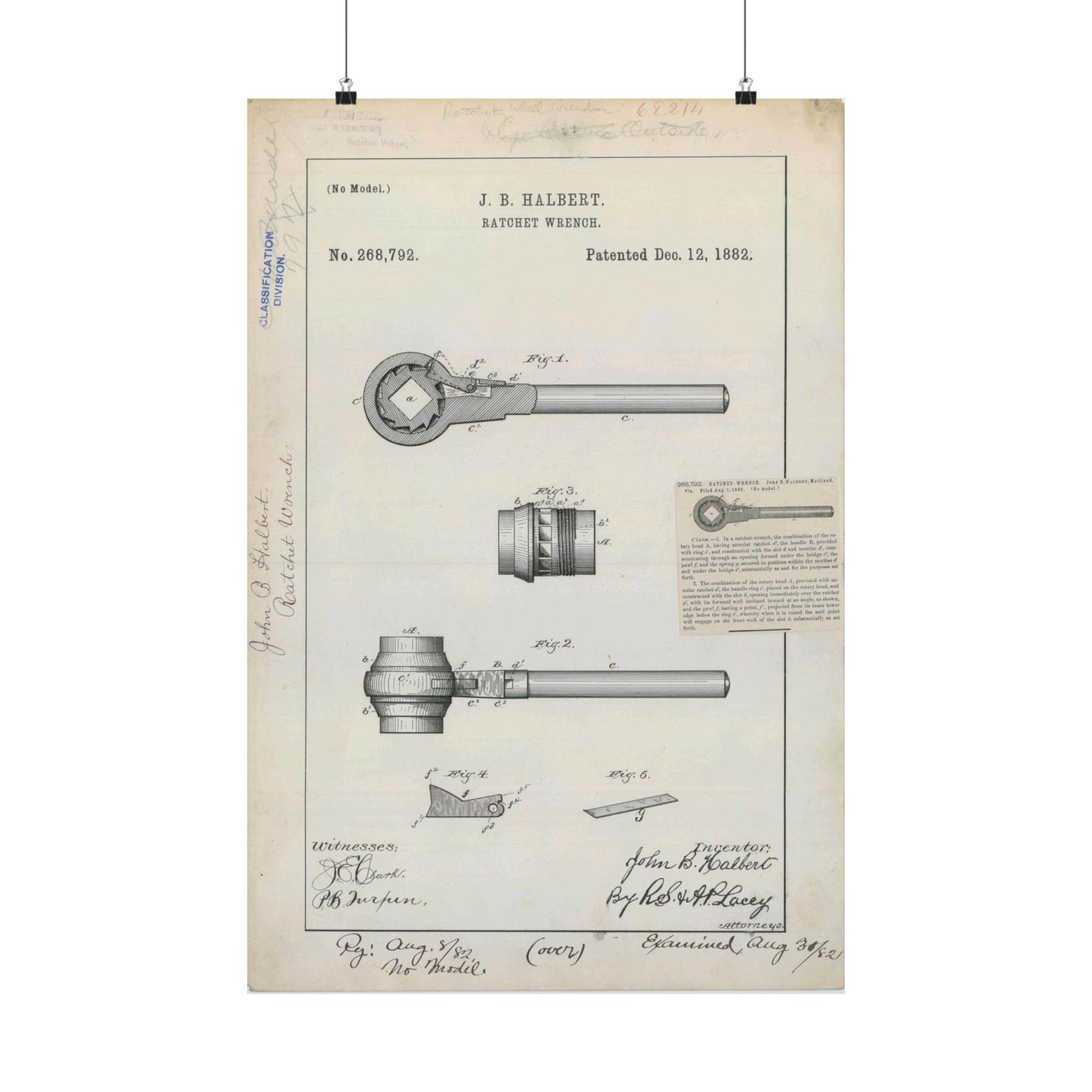 Patent Drawing of Engine - for J. B. Halbert's Ratchet Wrench Public domain  image High Quality Matte Wall Art Poster for Home, Office, Classroom