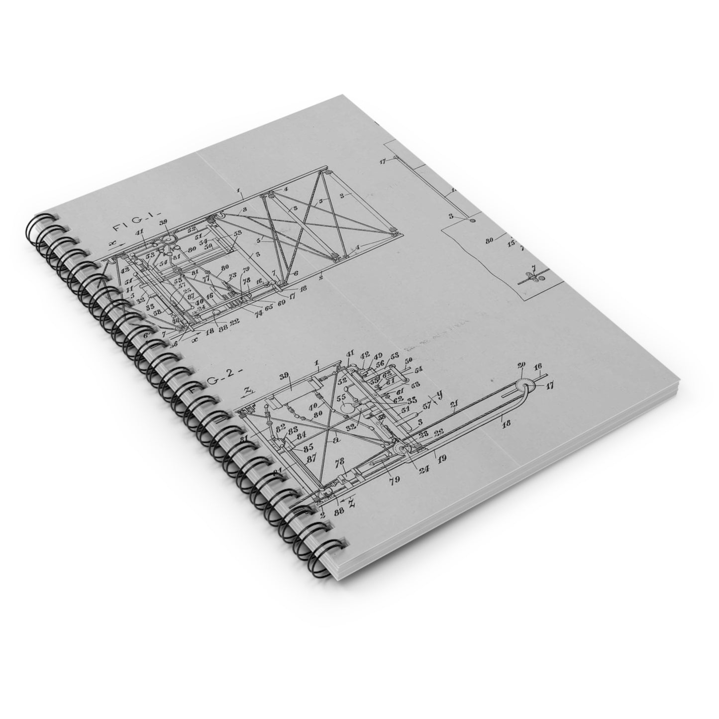 Patent drawing - Subject File: Patents--By Wright Brothers--USA--filed 10 February 1908, patented 14 October 1913 Public domain  image Spiral Bound Ruled Notebook with Printed Cover