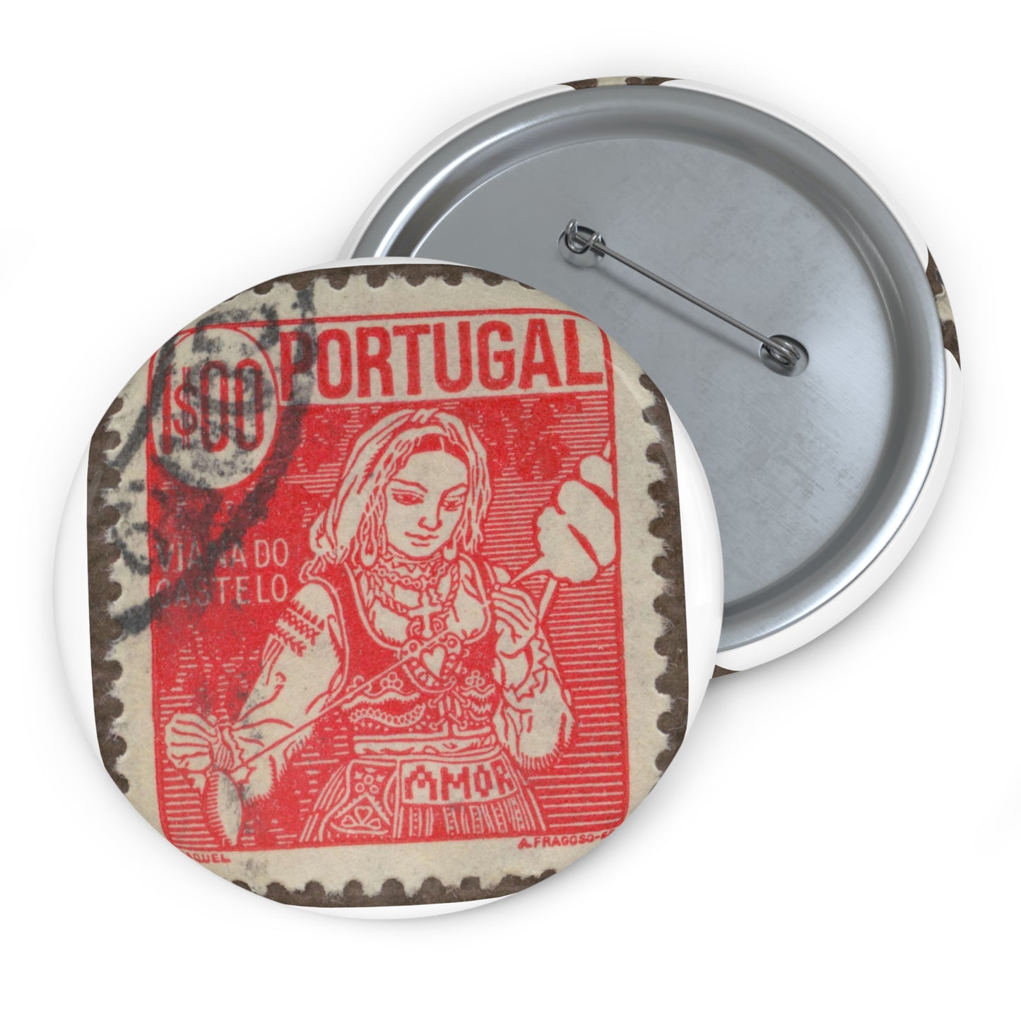 Frimärke ur Gösta Bodmans filatelistiska motivsamling, påbörjad 1950.Frimärke frånPortugal, 1941. Motiv av garnspinnande med slända. "Kvinna från Viana do Castelo". Pin Buttons with Crisp Design