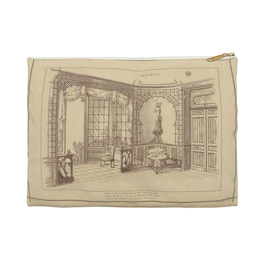 Vestibule : décor de baie en bois découpé sur treillage doré. Lambris, meubles et porte en bois de frêne verni. Etoffe des sièges et de la baie en soie brochée. Large Organizer Pouch with Black Zipper