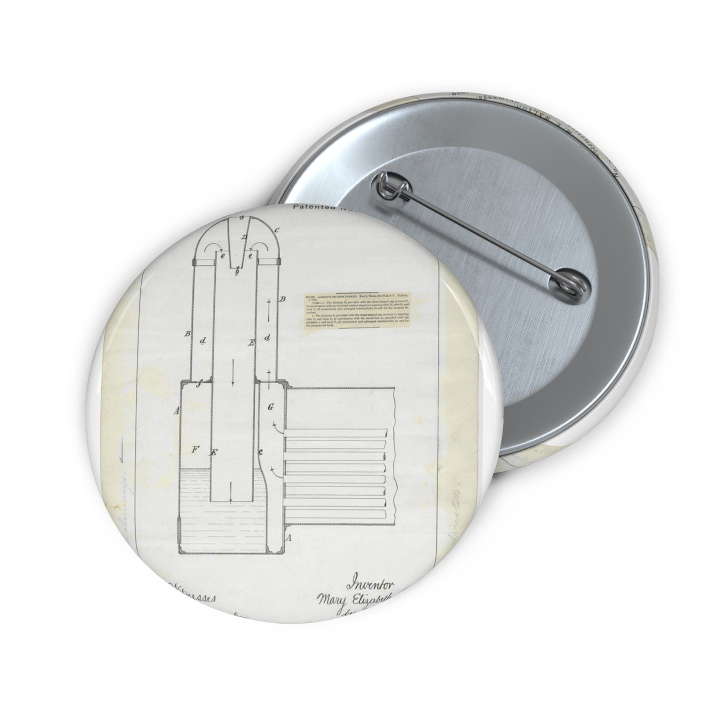 Patent Drawing of Engine - for M. E. Walton's Locomotive and Other Chimneys Public domain  image Pin Buttons with Crisp Design