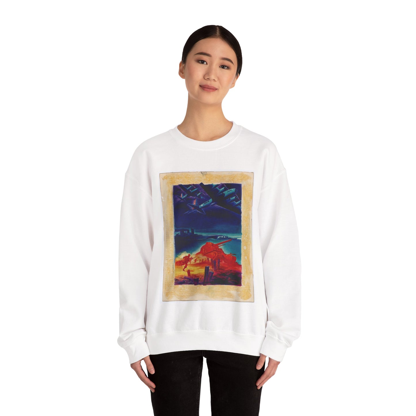 [Infantry, tanks, ships, airplanes attacking] [R.G.] White Heavy Blend Adult Crew Neck SweatShirt