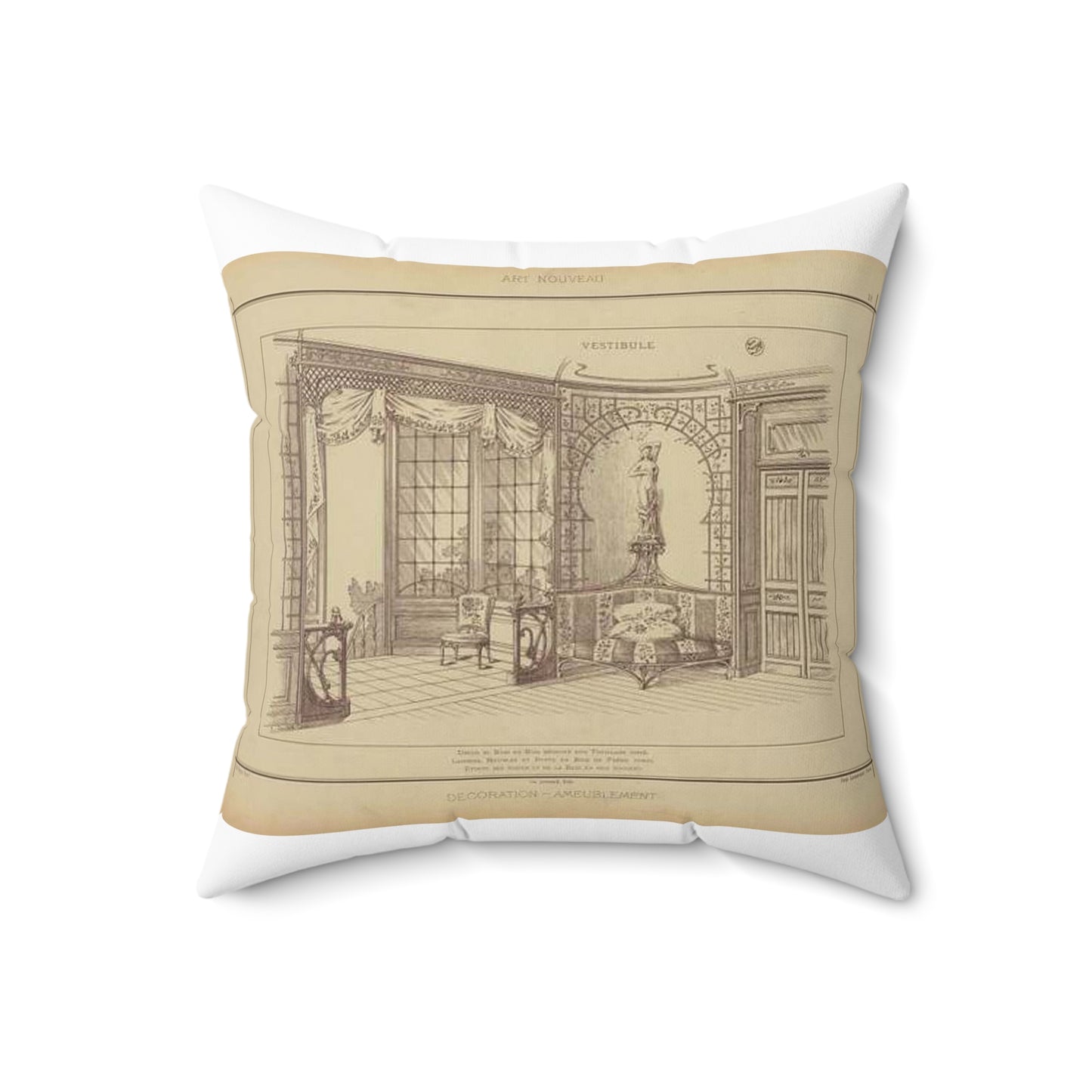 Vestibule : décor de baie en bois découpé sur treillage doré. Lambris, meubles et porte en bois de frêne verni. Etoffe des sièges et de la baie en soie brochée. Decorative Accent Square Pillow