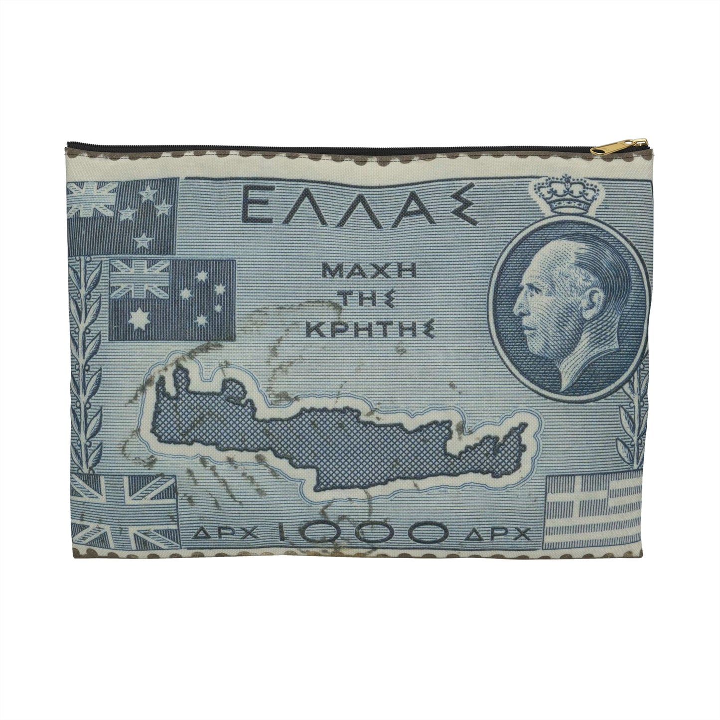 Frimärke ur Gösta Bodmans filatelistiska motivsamling, påbörjad 1950.Frimärke från Grekland, 1950. Motiv av karta över Kreta. "9-årsminne av slaget vid Kreta 1941". Large Organizer Pouch with Black Zipper