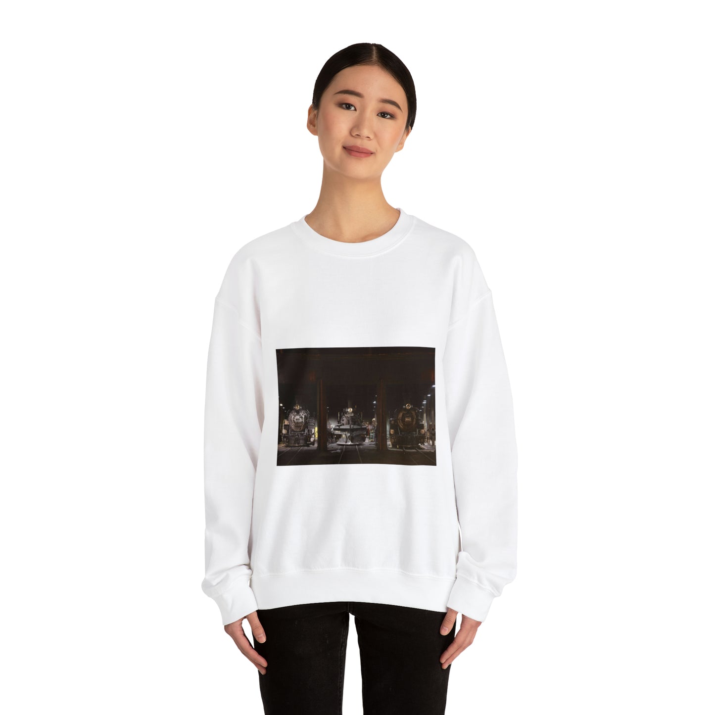 Steam locomotives in the roundhouse of the Durango & Silverton Narrow Gauge Scenic Railroad in Durango, Colorado White Heavy Blend Adult Crew Neck SweatShirt