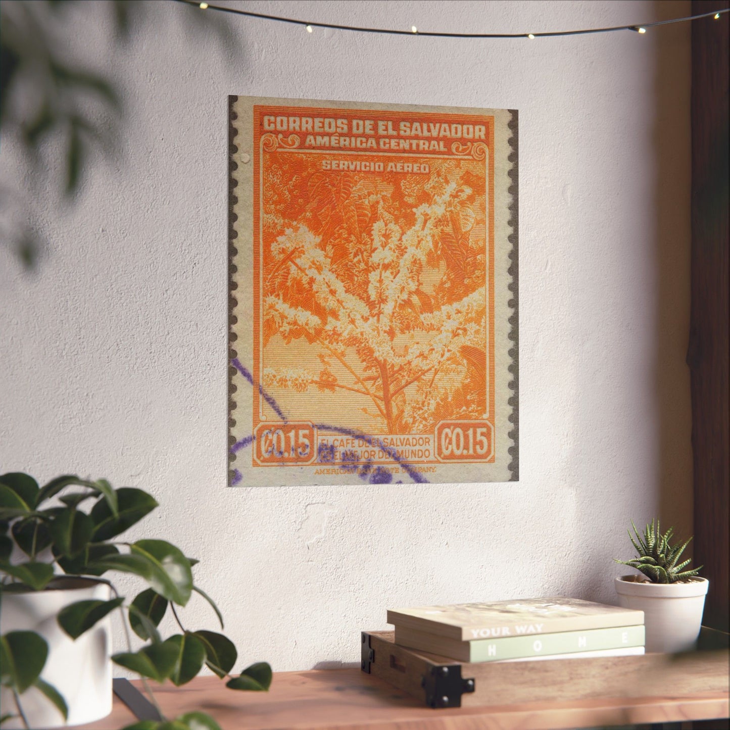 Frimärke ur Gösta Bodmans filatelistiska motivsamling, påbörjad 1950.Frimärke från Salvador, 1940. Motiv av kaffeplanta med blommor. High Quality Matte Wall Art Poster for Home, Office, Classroom