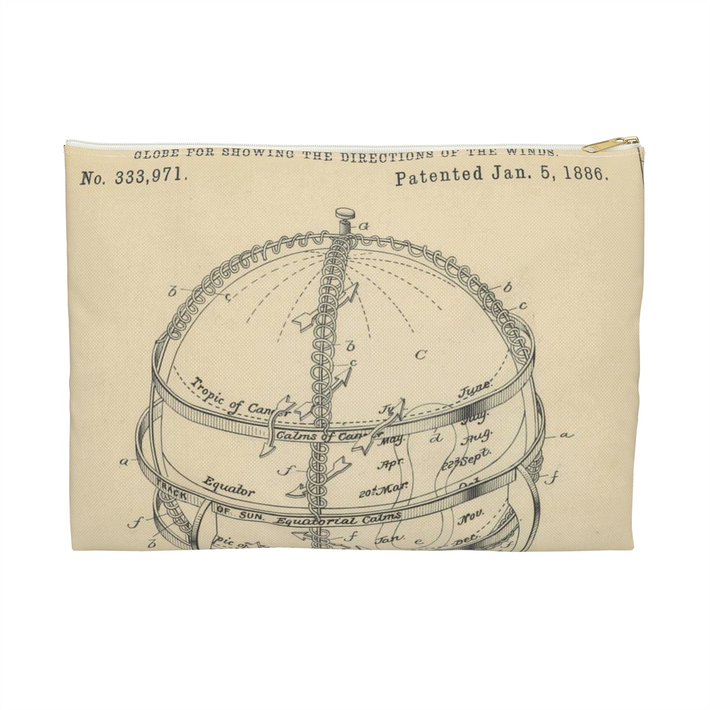 Patent Drawing of Engine - Drawing of a Globe for Showing Direction of the Winds Public domain  image Large Organizer Pouch with Black Zipper