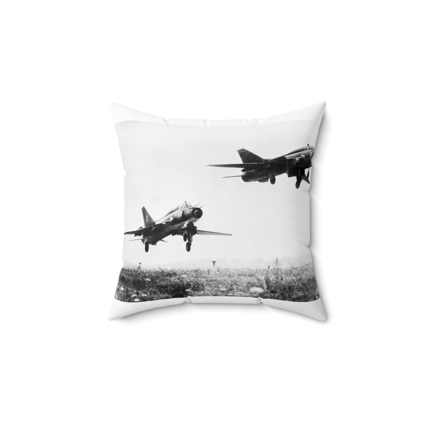 A right side view of a Soviet Su-17 Fitter-G, right, and a Fitter-H aircraft taking off together Decorative Accent Square Pillow