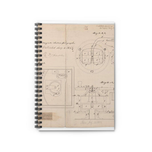 Patent drawing - Drawing of Improvements in Magneto-electric Telegraphs Public domain  image Spiral Bound Ruled Notebook with Printed Cover