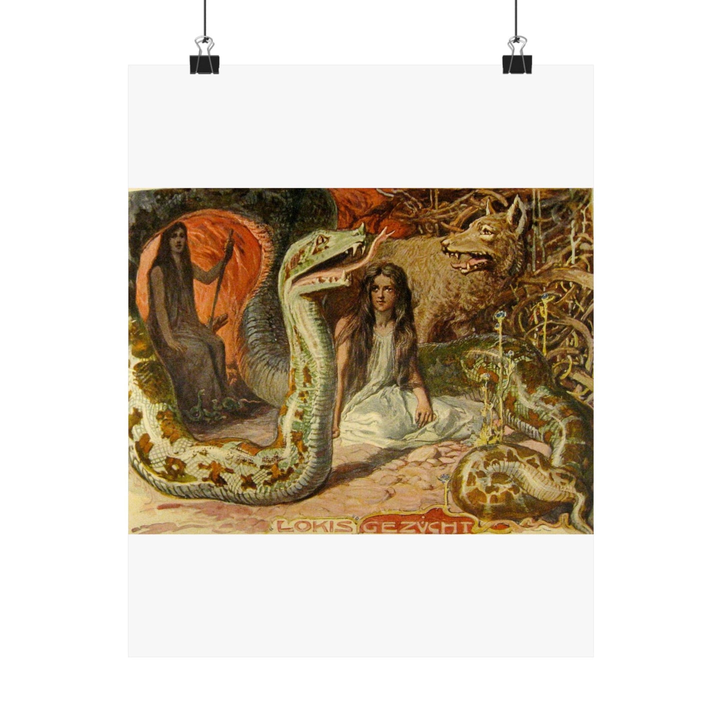 Lokis Gezücht - A painting of a woman sitting in front of a snake High Quality Matte Wall Art Poster for Home, Office, Classroom