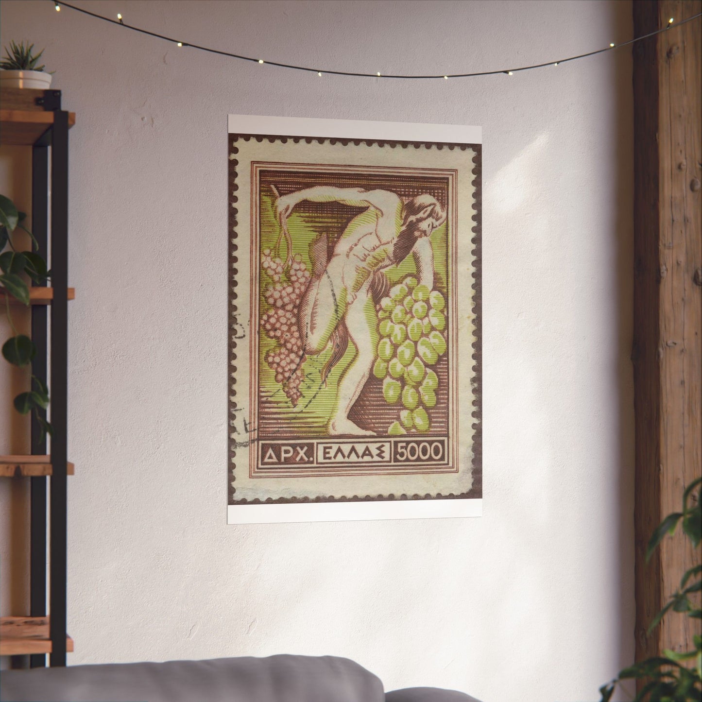 Frimärke ur Gösta Bodmans filatelistiska motivsamling, påbörjad 1950.Frimärke från Grekland, 1953. Motiv av Bacchus med vindruvsklasar. High Quality Matte Wall Art Poster for Home, Office, Classroom