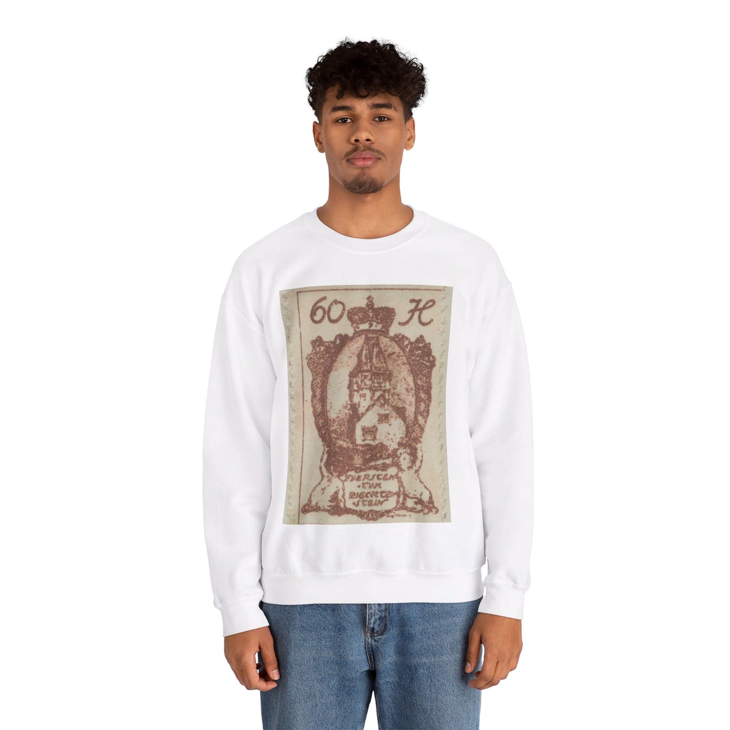 Frimärke ur Gösta Bodmans filatelistiska motivsamling, påbörjad 1950.Frimärke från Liechtenstein, 1920. Motiv av Röda Tornet i Vaduz. White Heavy Blend Adult Crew Neck SweatShirt