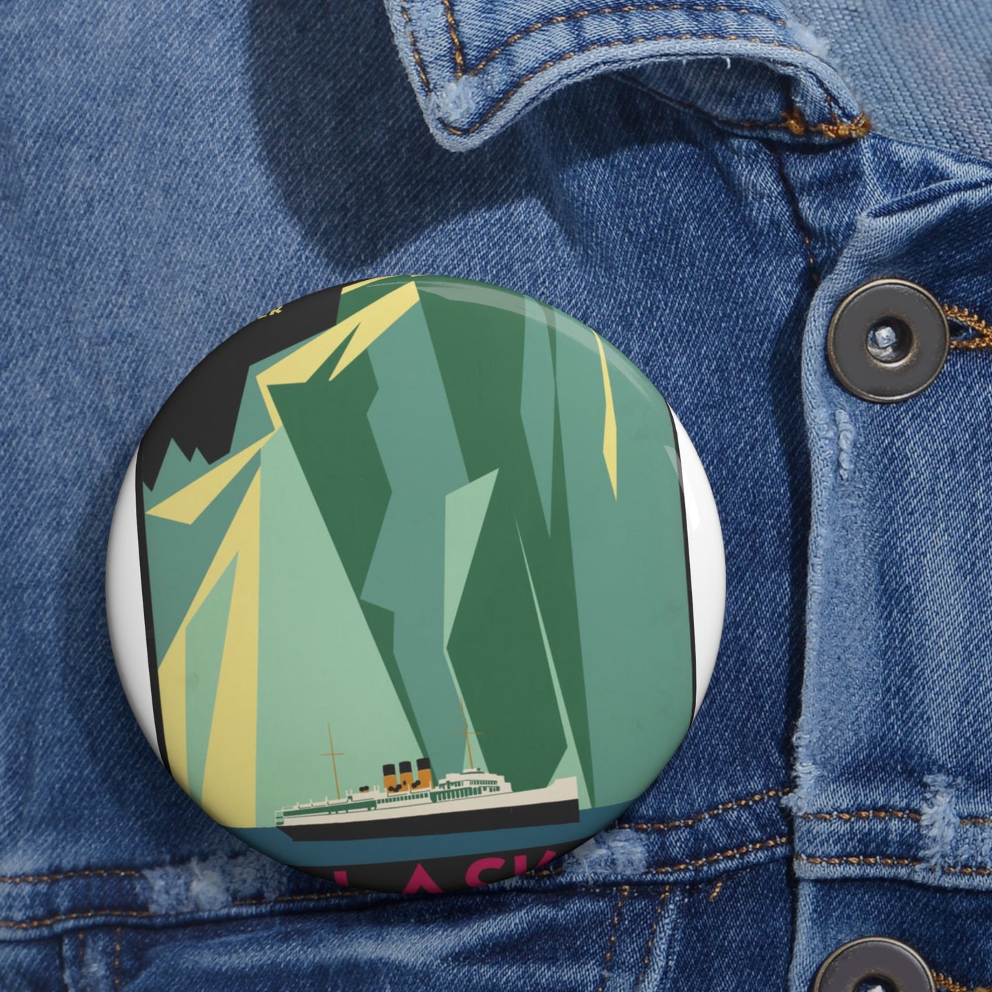 Alaska. Vintage Travel Posters, 1920s-1930s Pin Buttons with Crisp Design