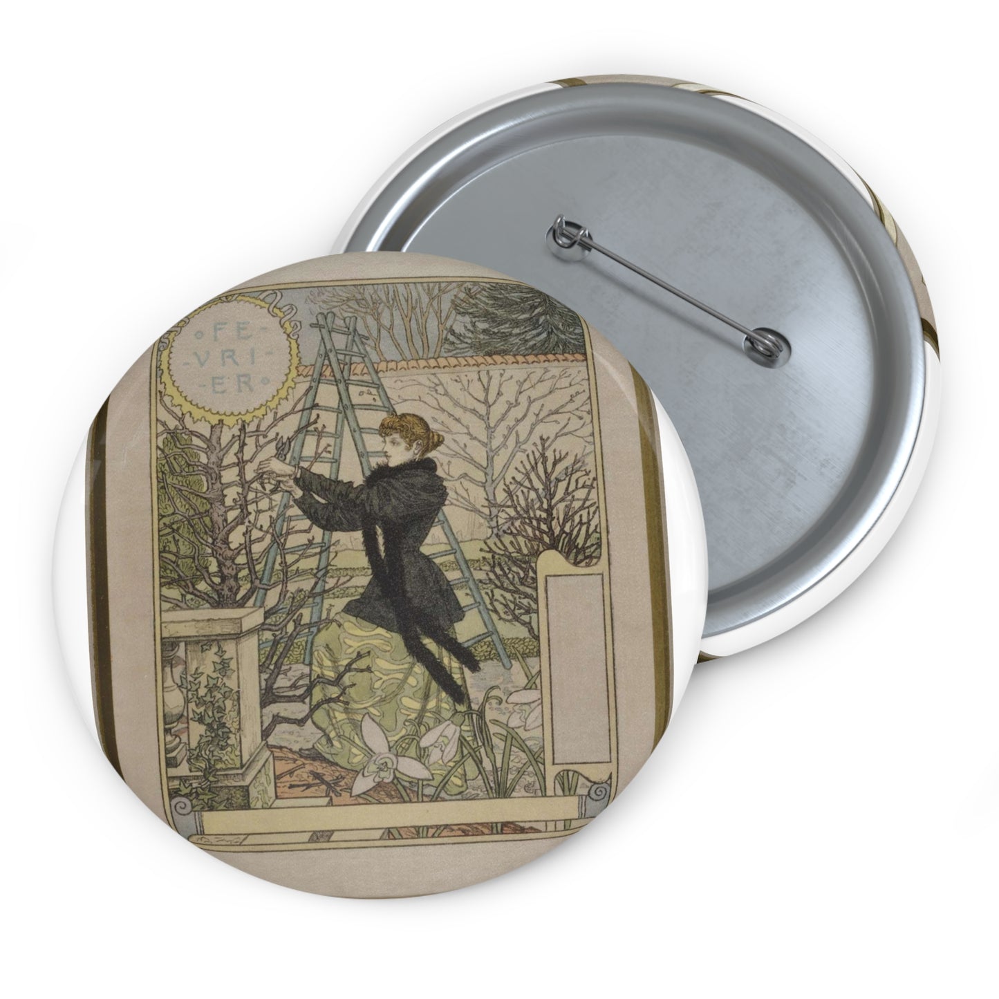 Eugène Samuel Grasset  - Février Pin Buttons with Crisp Design