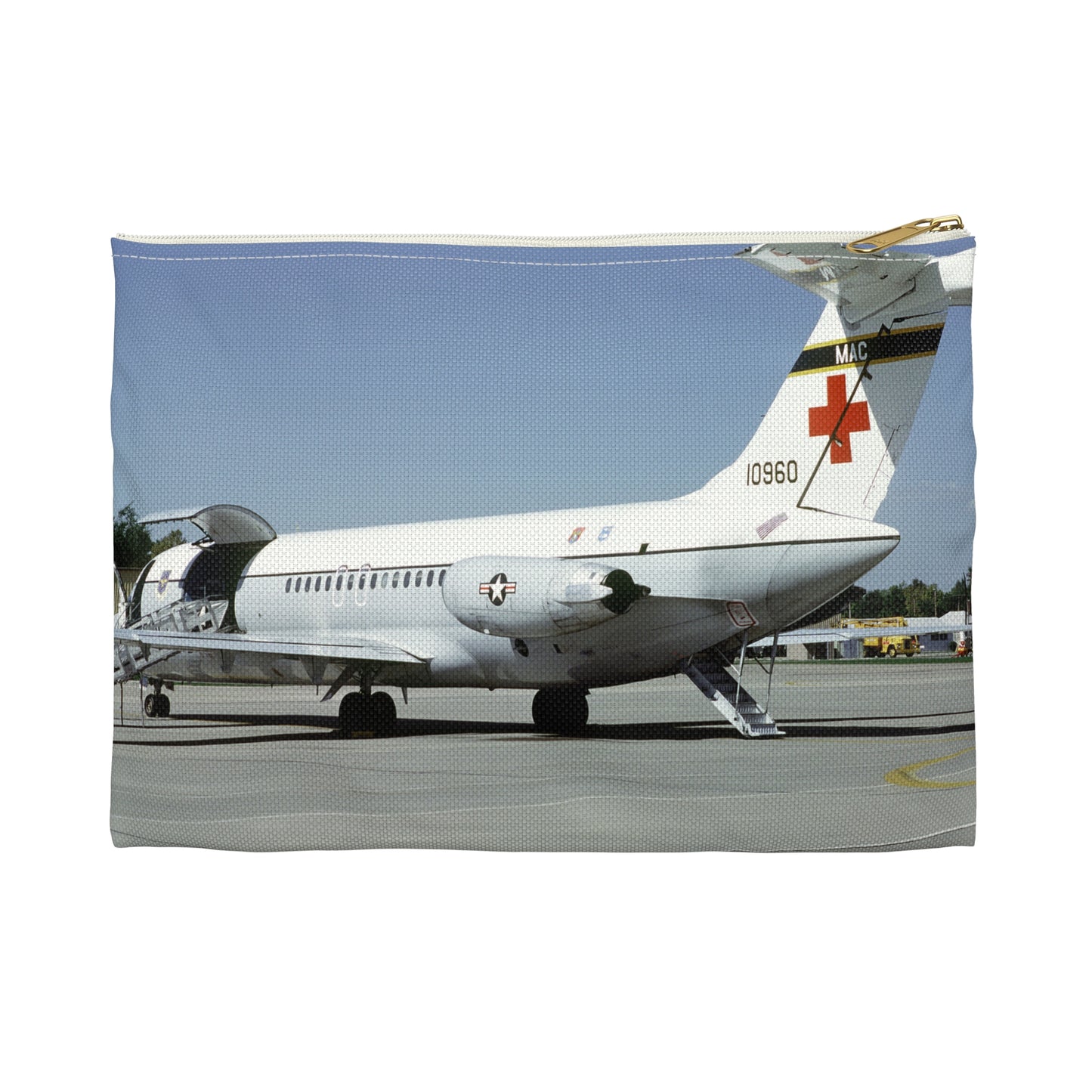 A left rear view of a 375th Aeromedical Airlift Wing a C-9 Nightingale aircraft on the flight line with staircase and loading ramp inposition Large Organizer Pouch with Black Zipper