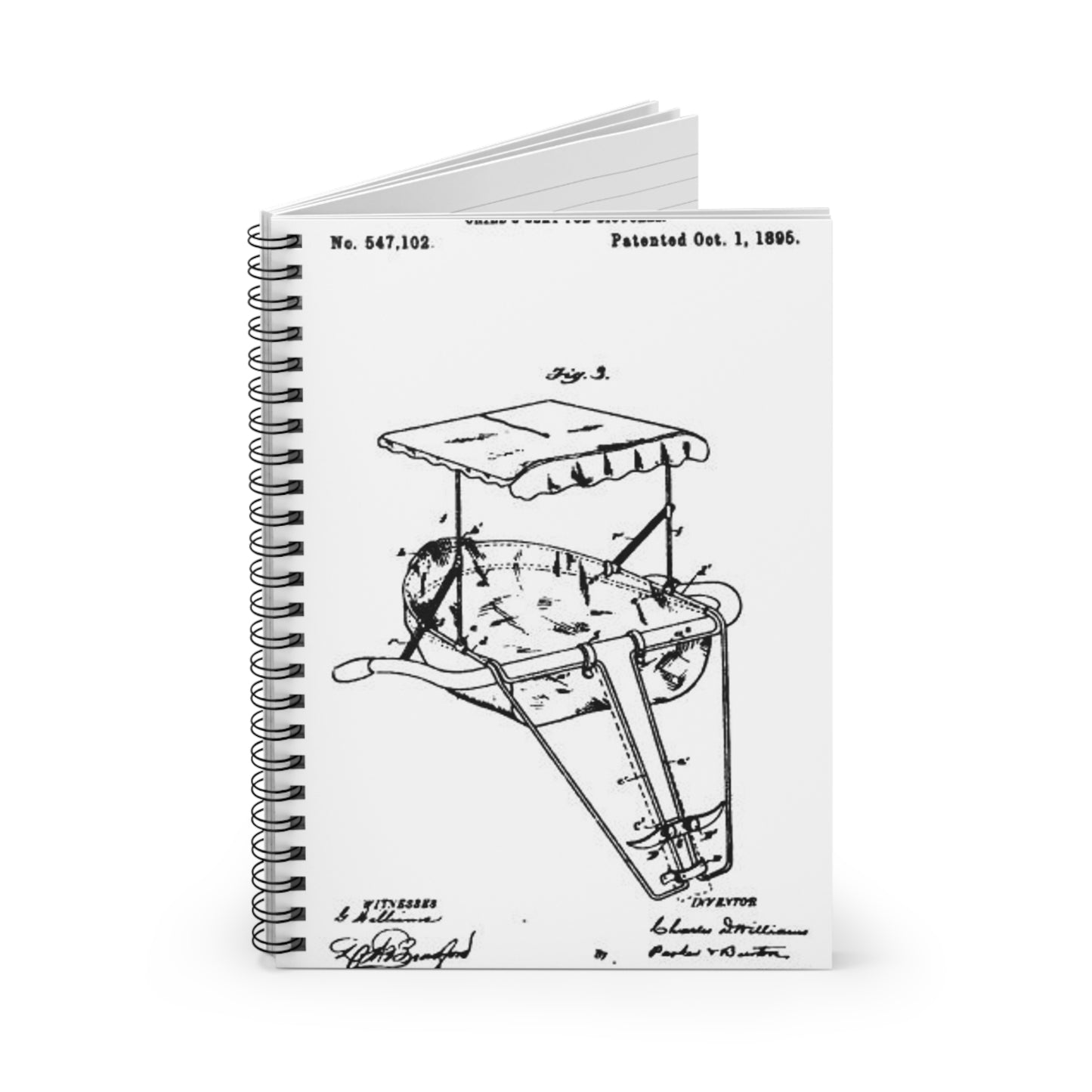 Patent drawing - 1895 Child's bike seat patent Public domain  image Spiral Bound Ruled Notebook with Printed Cover