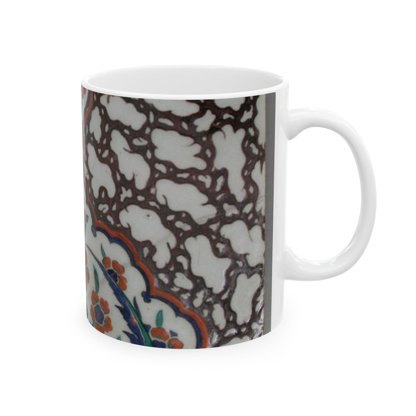 Tile with Floral Cartouche Design on Ebru (Marble Imitation Pattern) Background Beautiful Novelty Ceramic Coffee Mug 11oz