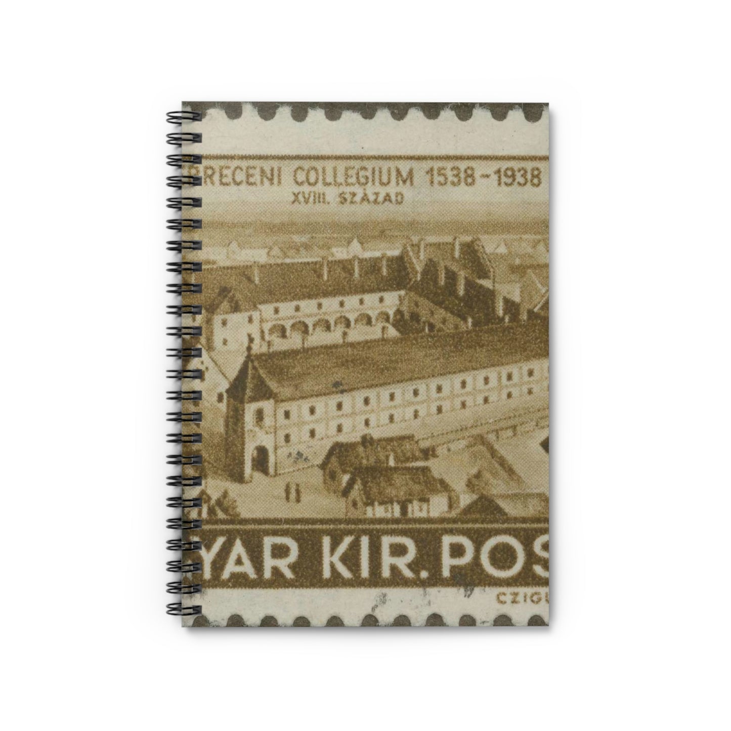 Frimärke ur Gösta Bodmans filatelistiska motivsamling, påbörjad 1950.Frimärke från Ungern, 1938. Motiv av Ungerns Universitet i Debreczen på 1700-talet. "400-årsminne: 1538-1938". Spiral Bound Ruled Notebook with Printed Cover