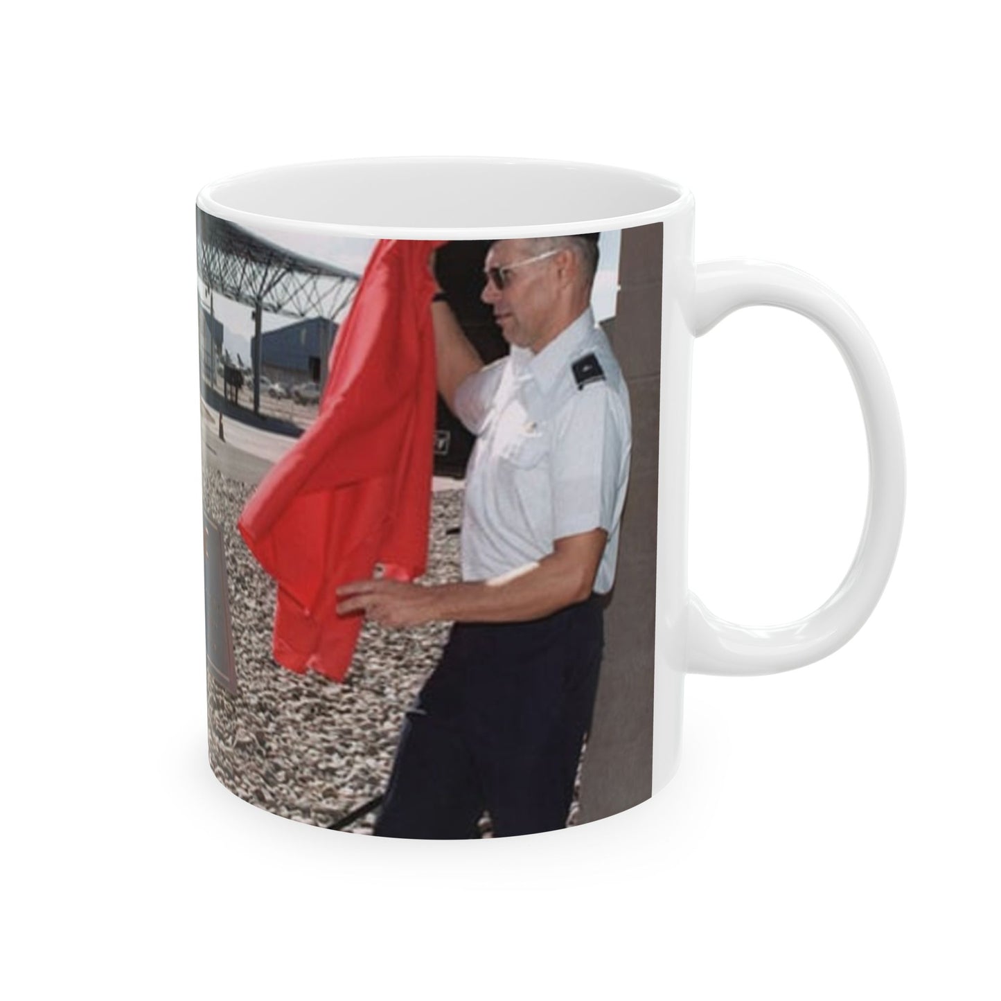 In memory of US Air Force MASTER Sergeant Jamie Solomon, US Air Force Brigadier General Mensching and Mrs. Solomon unveil the dedication of the new POL facilities in Tucson, Arizona Beautiful Novelty Ceramic Coffee Mug 11oz