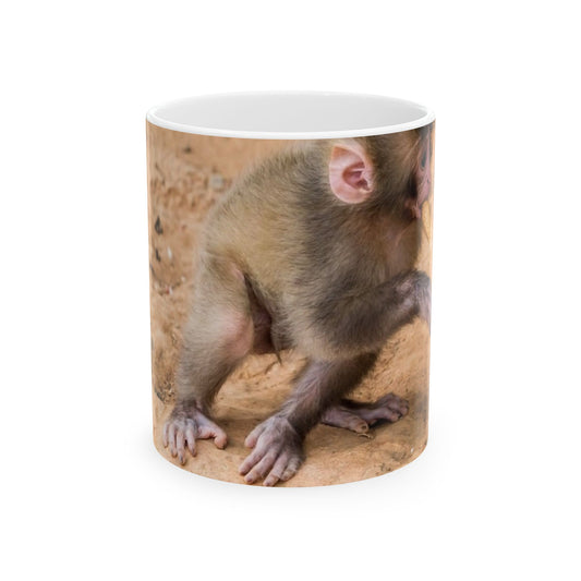 Public domain stock image. Monkey baby eating peanut. Beautiful Novelty Ceramic Coffee Mug 11oz