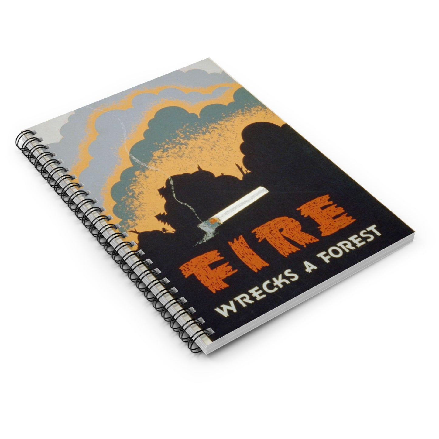 Fire wrecks a forest, Art Deco Poster Spiral Bound Ruled Notebook with Printed Cover