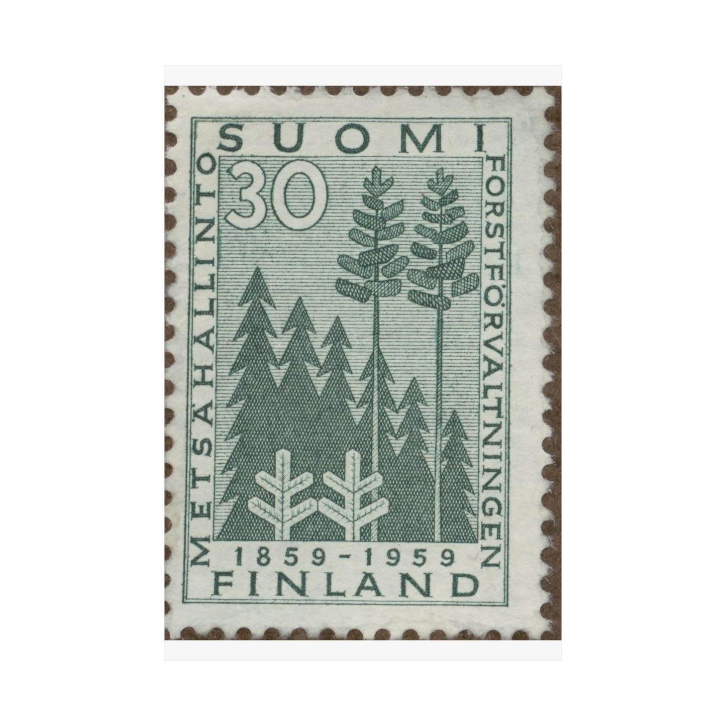 Frimärke ur Gösta Bodmans filatelistiska motivsamling, påbörjad 1950.Frimärke från Finland, 1959. Motiv av stiliserad gran och tall. "Forstförvaltningen 100 år: 1859-1959". High Quality Matte Wall Art Poster for Home, Office, Classroom