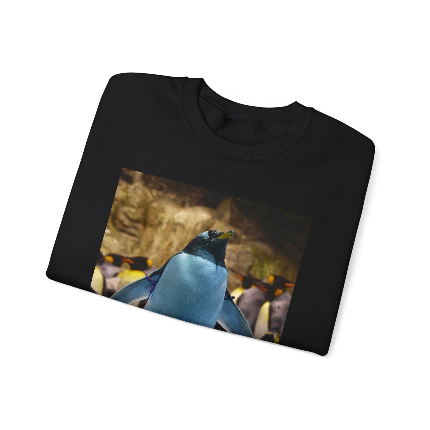 A penguin standing on top of an ice floer. Donkey penguin penguin attention. Black Heavy Blend Adult Crew Neck SweatShirt