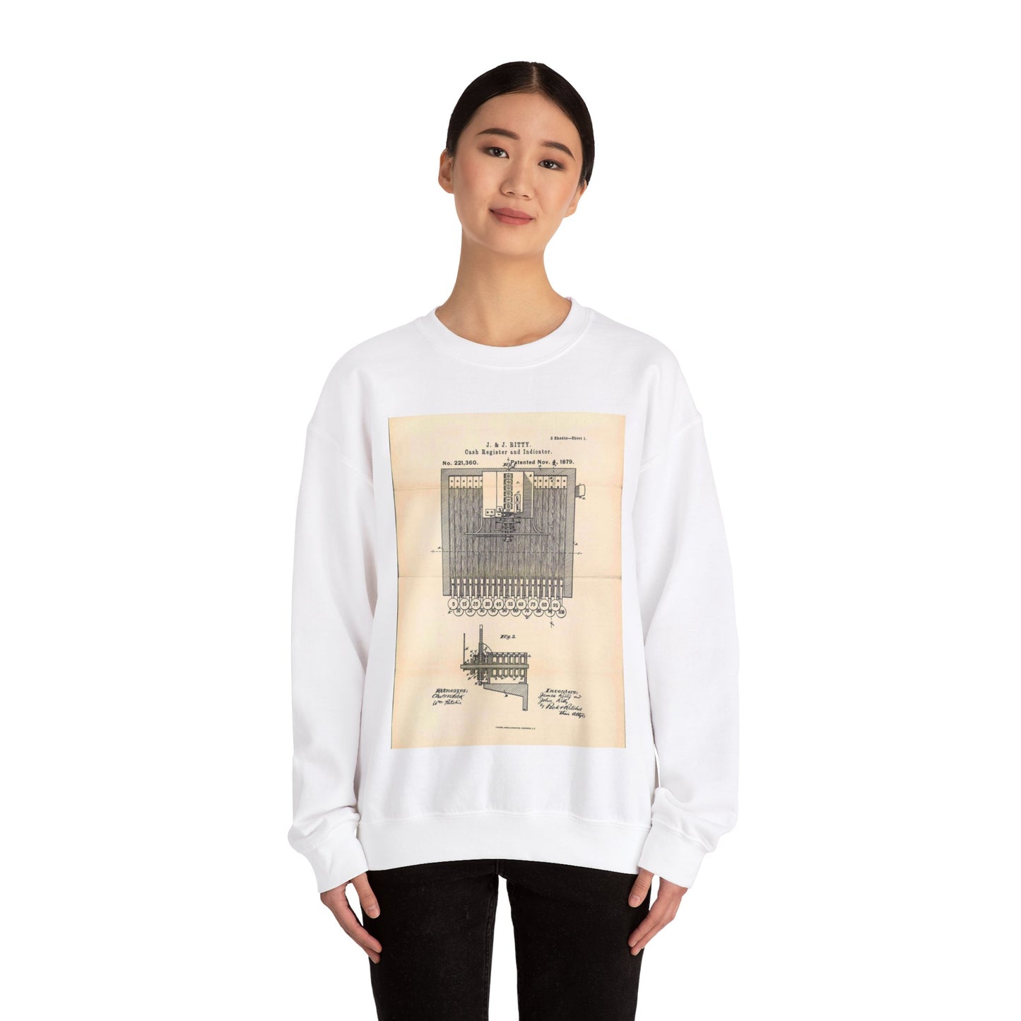 Patent Case File No. 221,360, Improvement in Cash Register and Indicator, Inventors James Ritty and John Ritty - DPLA - 97a8d8a47b402db2ecfd9cac6a3dd8e6 (page 50) White Heavy Blend Adult Crew Neck SweatShirt