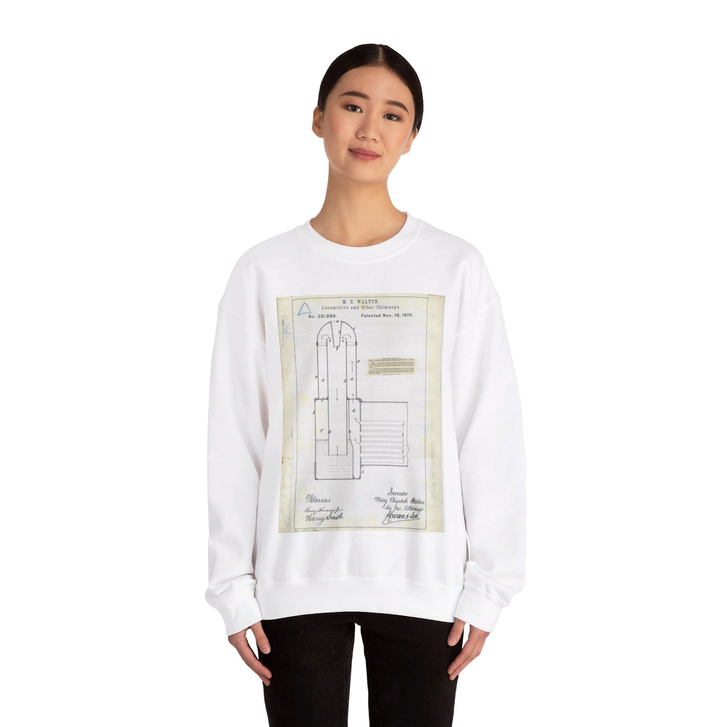 Patent Drawing of Engine - for M. E. Walton's Locomotive and Other Chimneys Public domain  image White Heavy Blend Adult Crew Neck SweatShirt