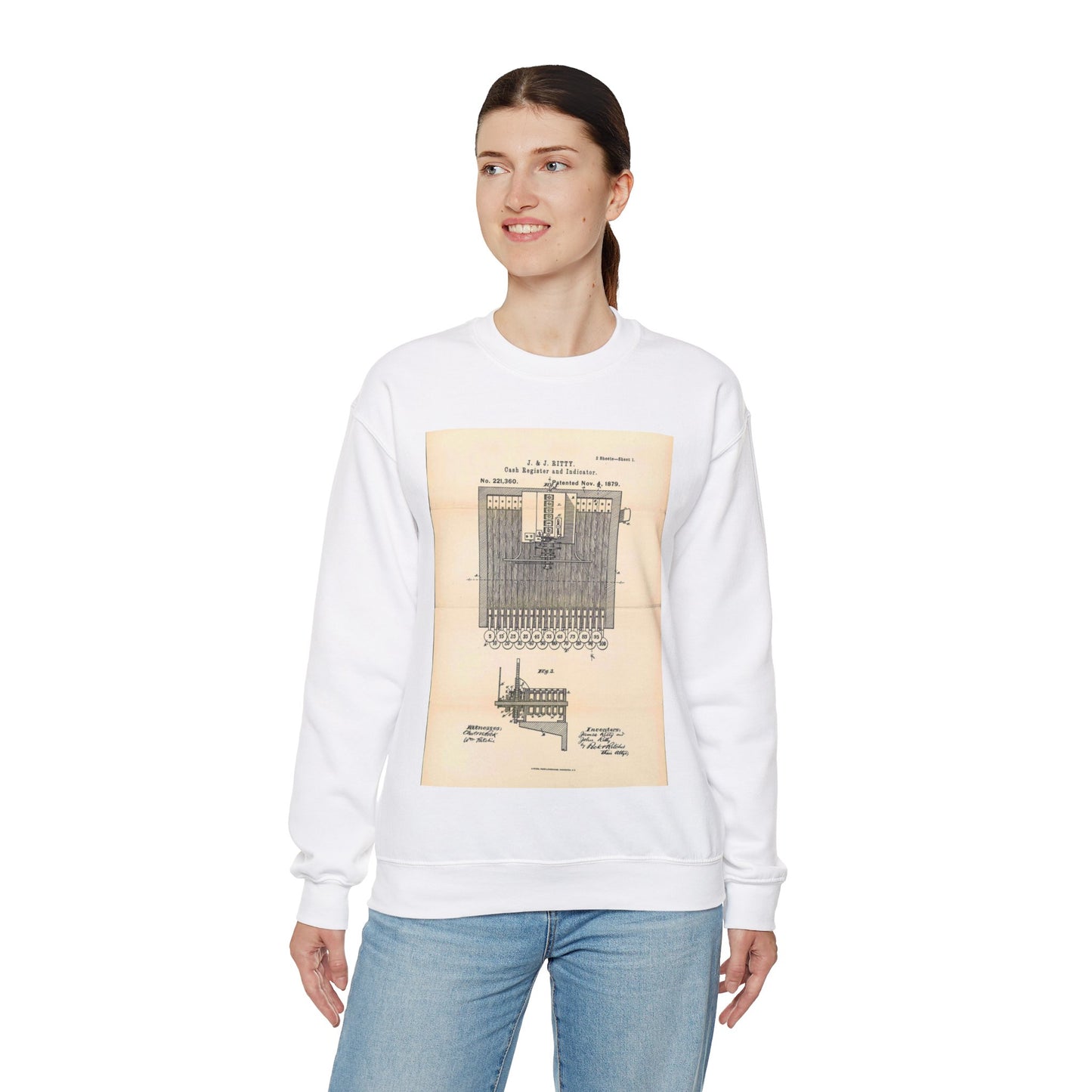 Patent Case File No. 221,360, Improvement in Cash Register and Indicator, Inventors James Ritty and John Ritty - DPLA - 97a8d8a47b402db2ecfd9cac6a3dd8e6 (page 50) White Heavy Blend Adult Crew Neck SweatShirt