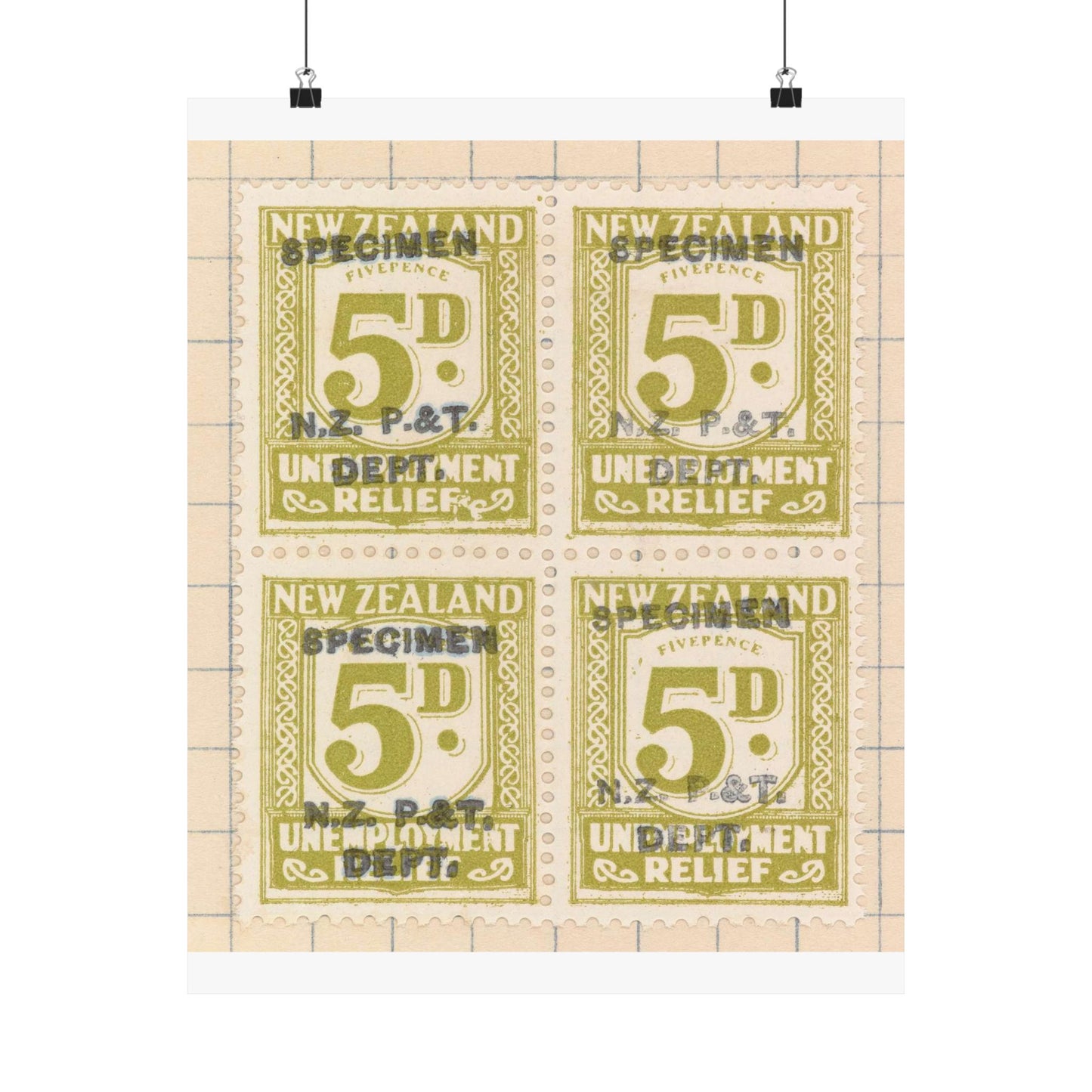 Block of five penny Unemployment Relief stamps overprinted 'Specimen' High Quality Matte Wall Art Poster for Home, Office, Classroom